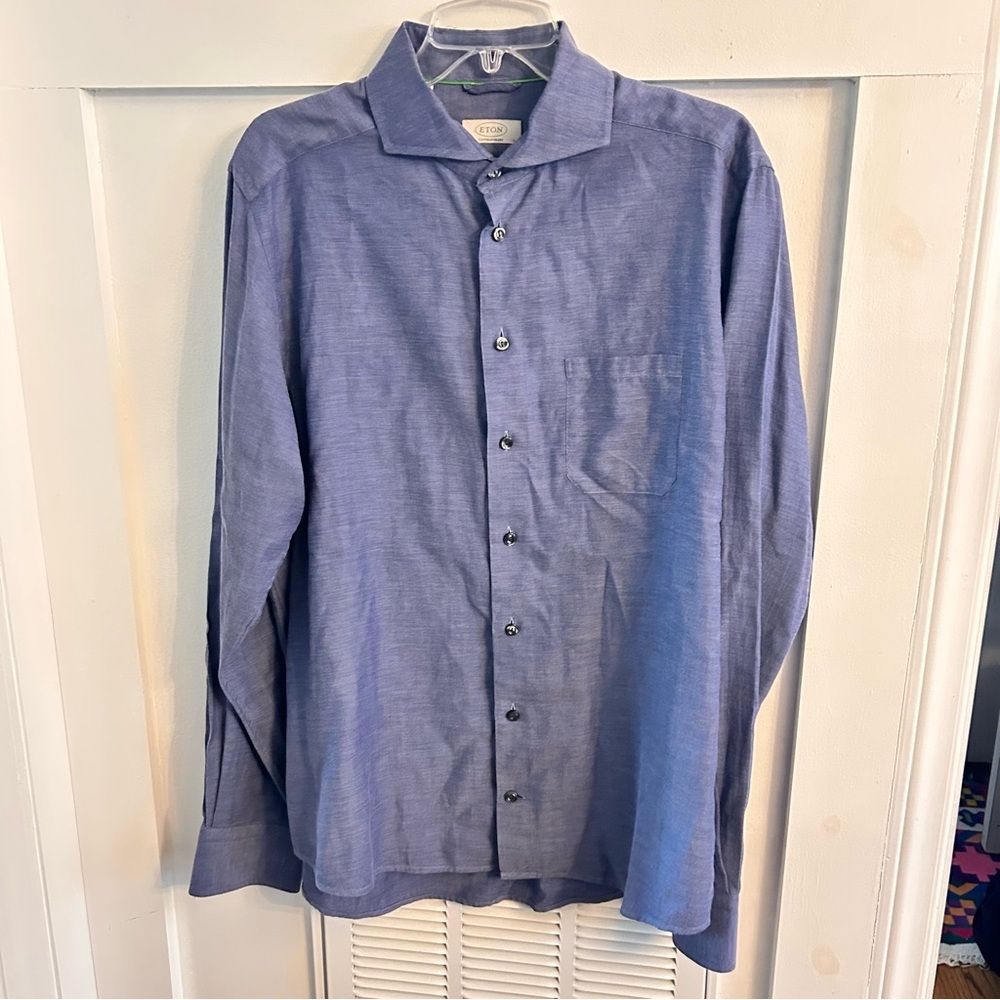 Eton chambray Blue Linen Twill Button down Shirt size 42/Large